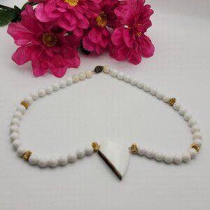 Vtg. Asymmetric Heart Charm White Beaded Necklace Box Clasp Stamped Silver 22 In